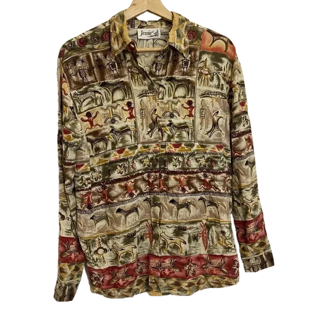 Jessie women’s button down collared long sleeves ethnic artsy vintage top size M